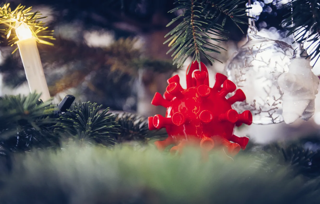 Photo wallpaper branches, red, holiday, candle, blur, ball, spikes, Christmas