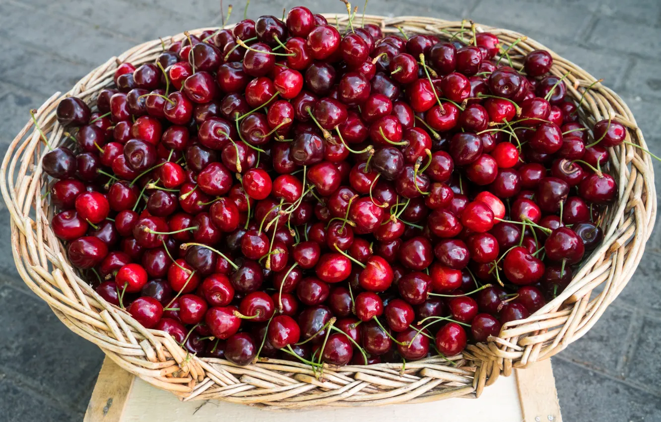 Photo wallpaper cherry, berries, background, food, harvest, red, fruit, basket