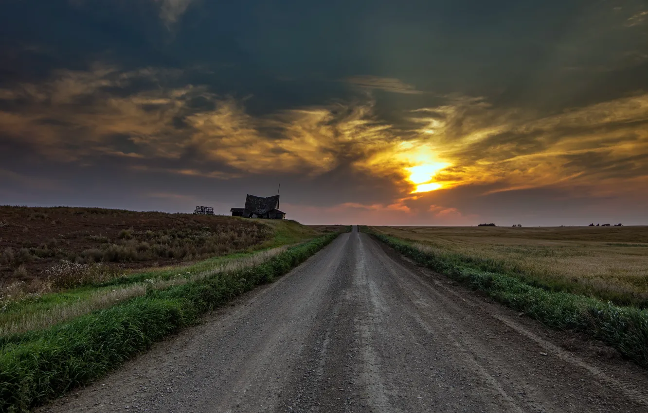 Photo wallpaper road, sunset, house
