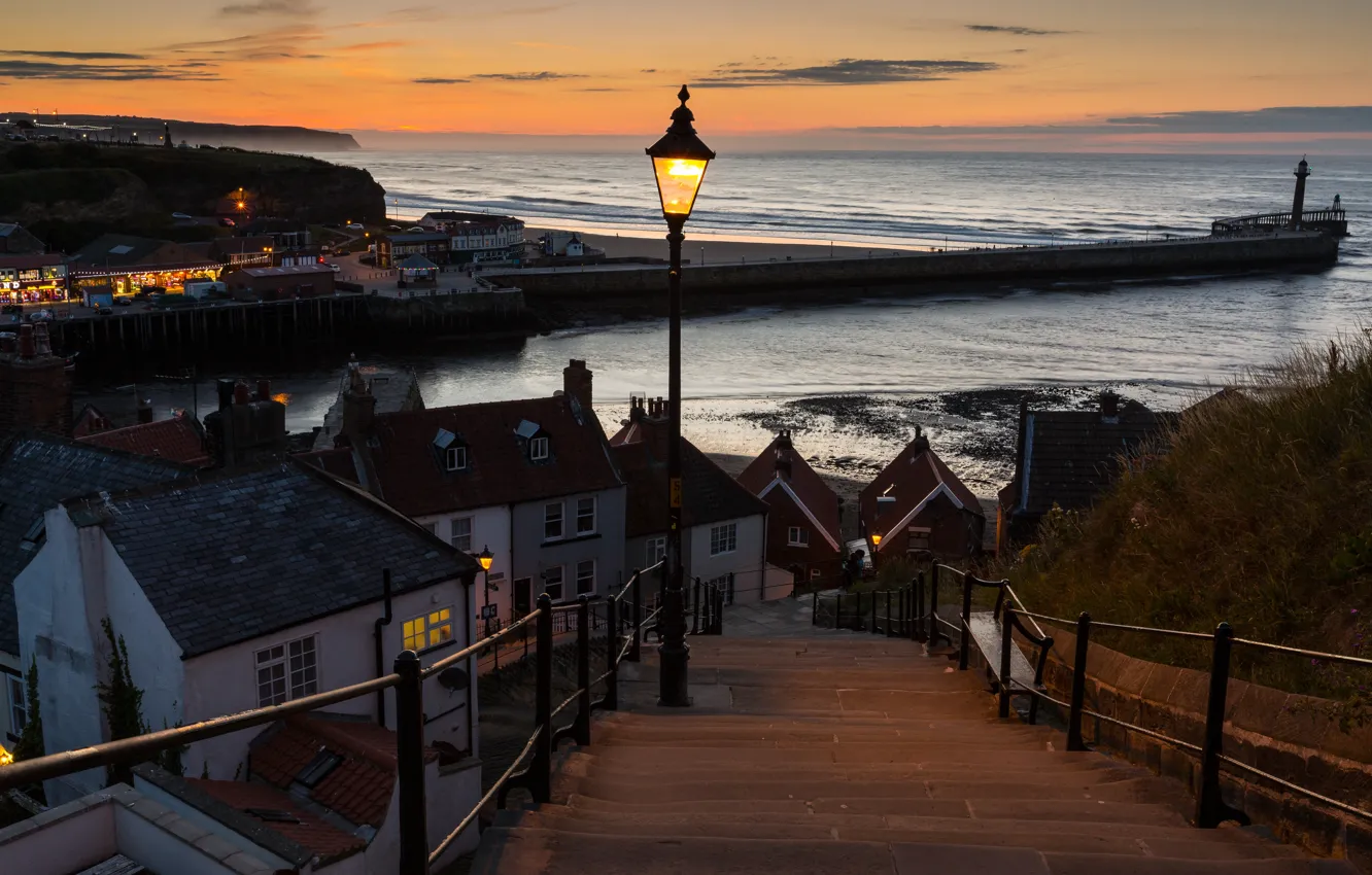 Photo wallpaper sea, the sky, landscape, sunset, lights, coast, lighthouse, England