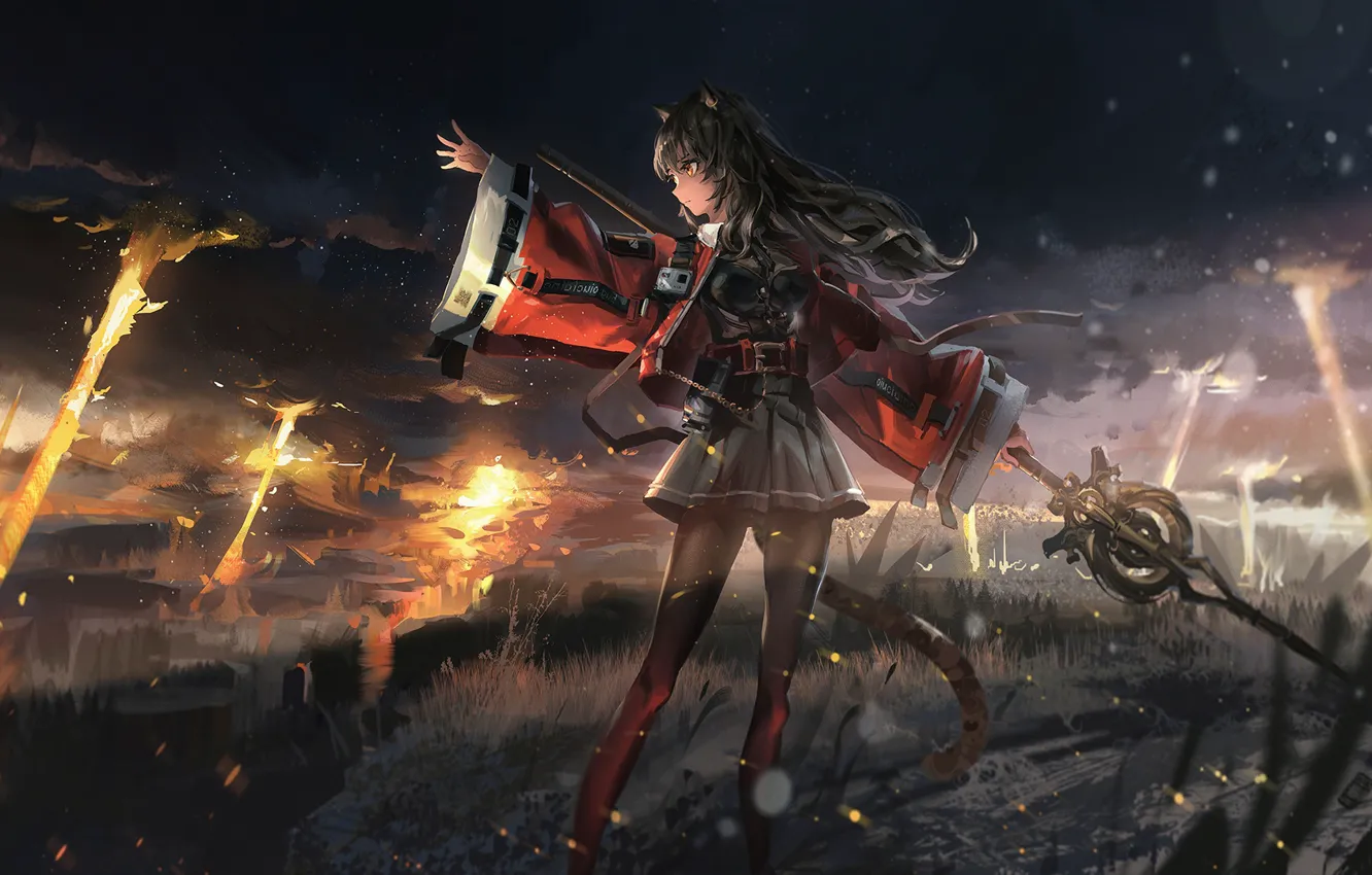 Photo wallpaper girl, tail, kimono, Arknights, Skyfire