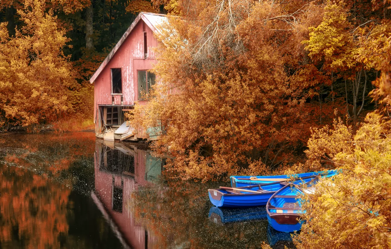 Photo wallpaper autumn, lake, boat, landscape, nature, autumn, leaves