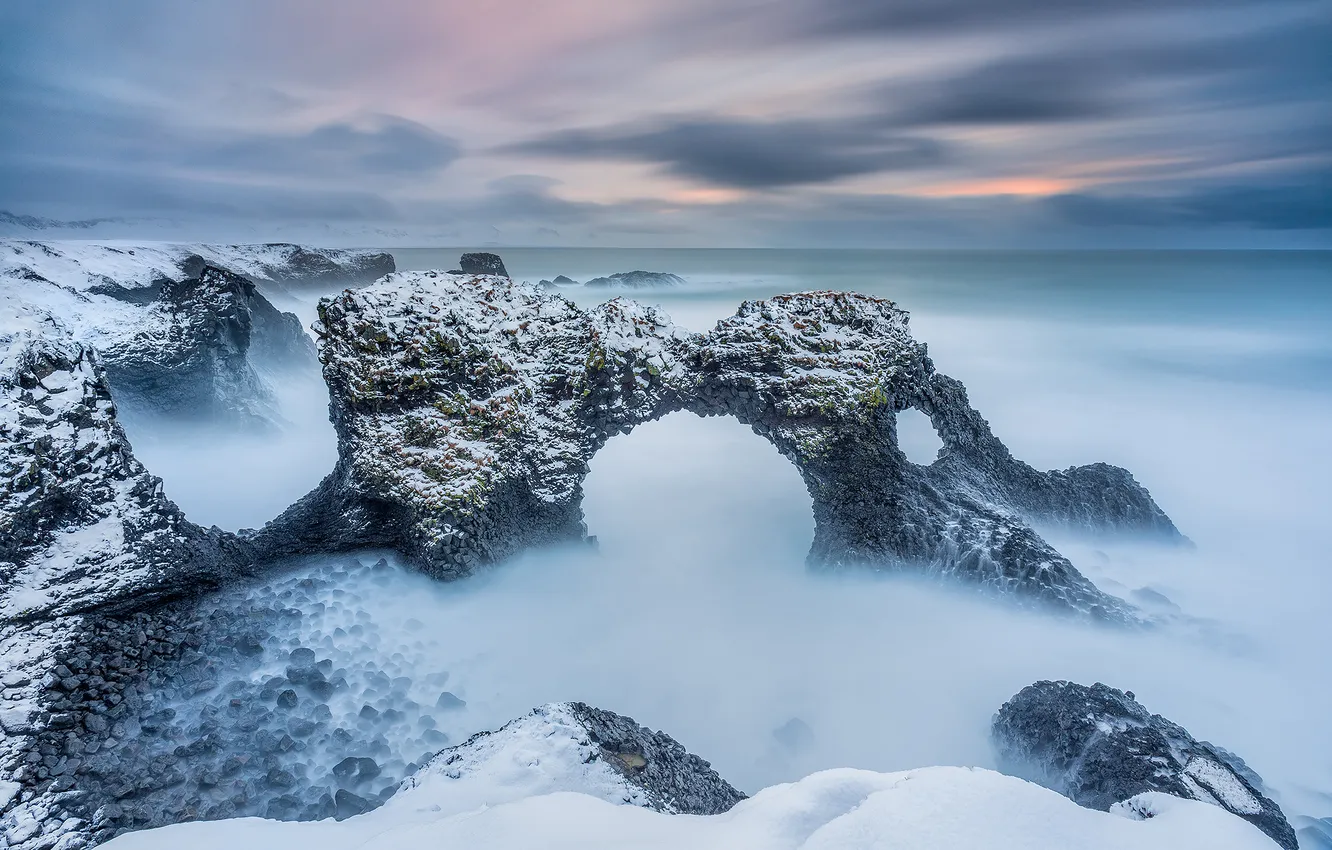 Photo wallpaper winter, sea, wave, light, snow, rocks, morning, arch