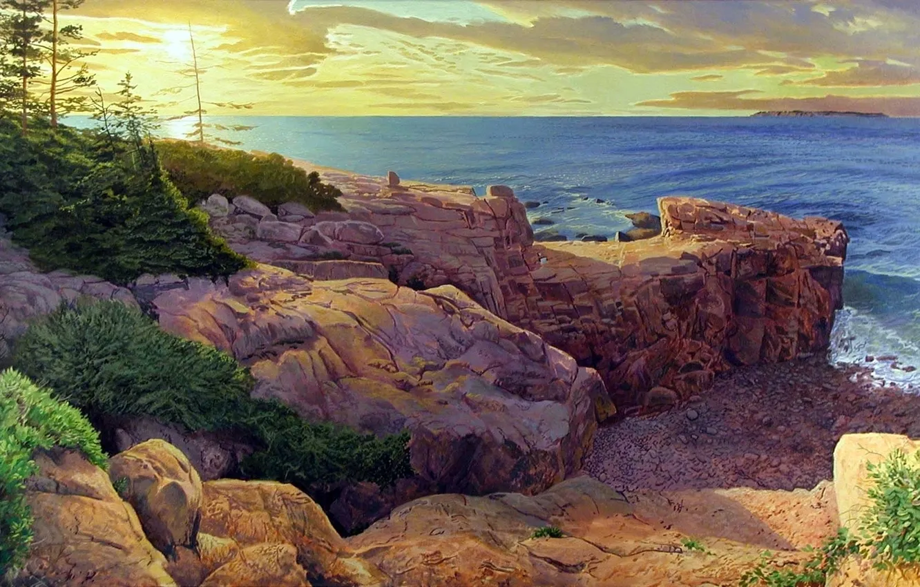 Photo wallpaper sea, the sun, trees, landscape, rocks