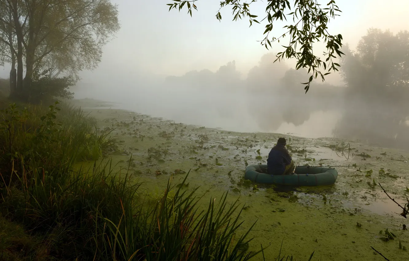 Photo wallpaper fog, river, fishing, morning