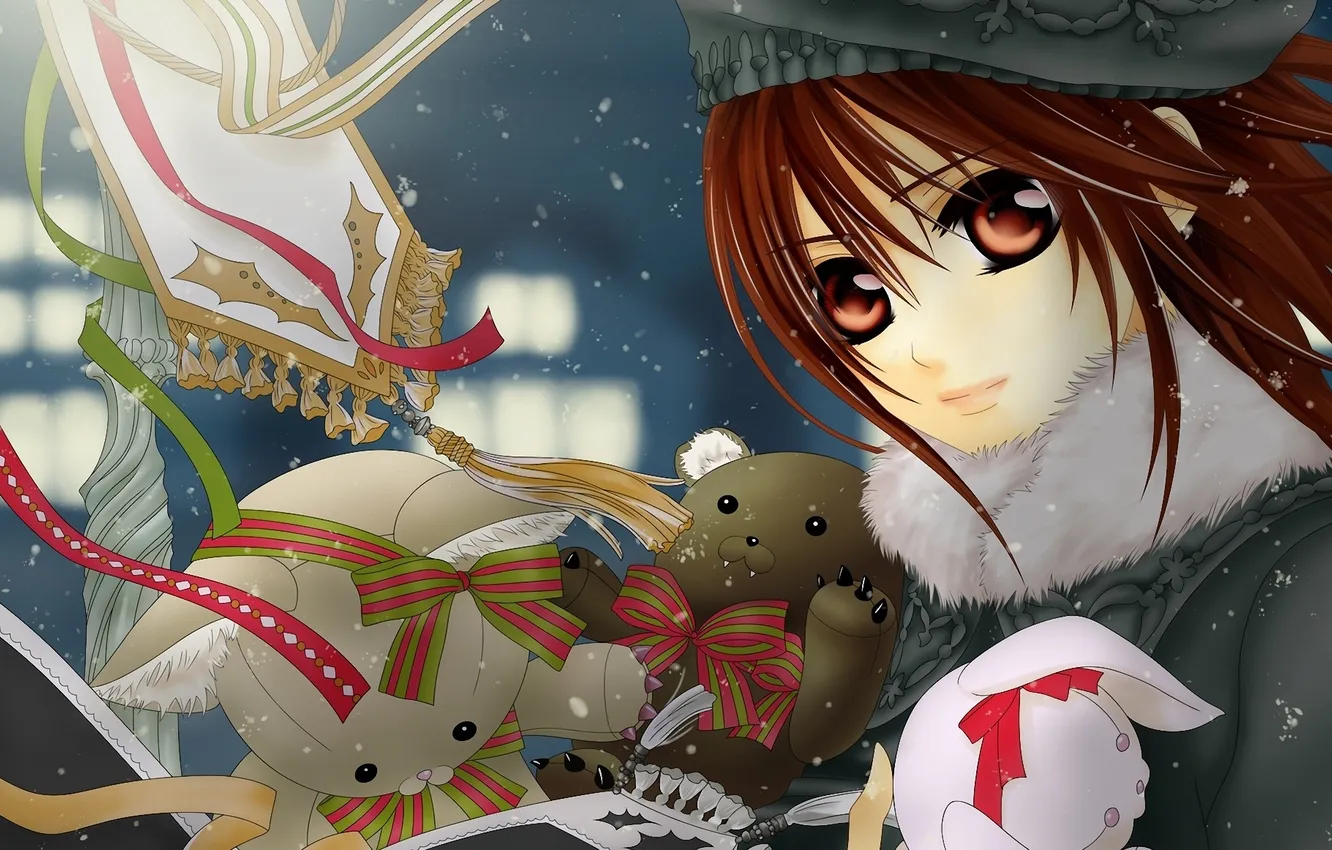 Photo wallpaper winter, snow, toy, hare, bear, vampire knight, yuuki cross, knight-vampire