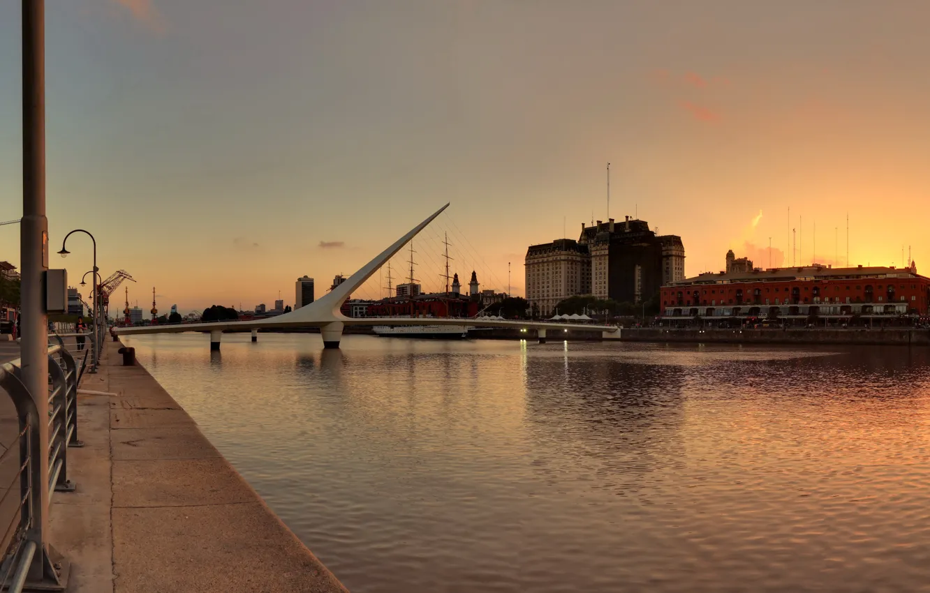 Photo wallpaper sunset, bridge, sailboat, promenade, Argentina, Argentina, Buenos Aires, Buenos-Aires