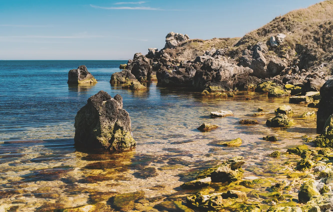 Photo wallpaper sea, water, rocks, cliff
