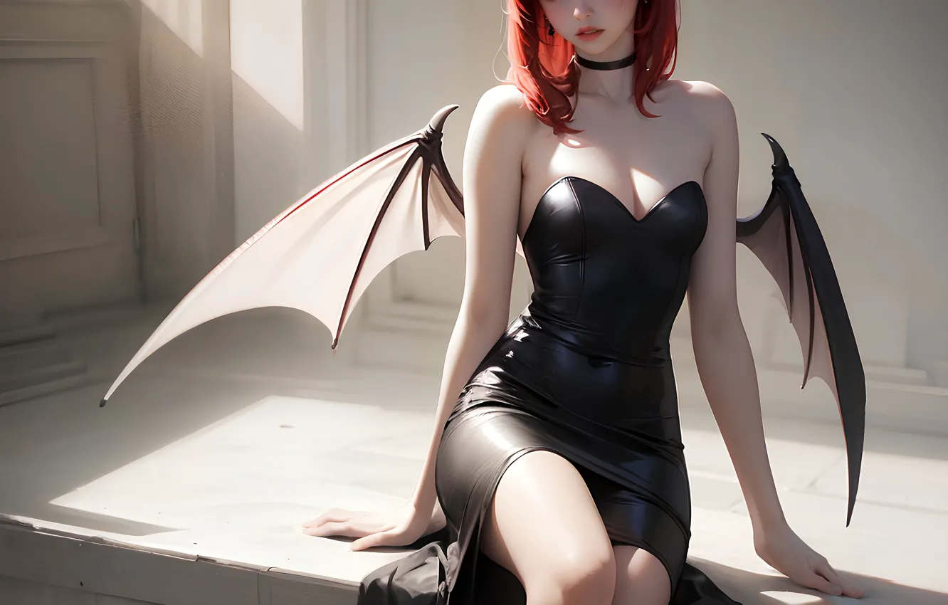 Photo wallpaper girl, wings, dress, red, demoness