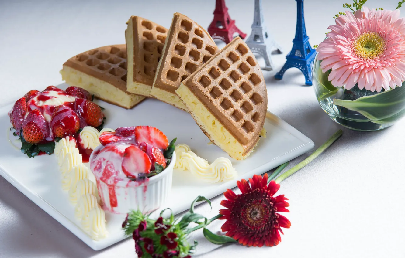 Photo wallpaper flowers, berries, Eiffel tower, strawberry, ice cream, cake, gerbera, dessert