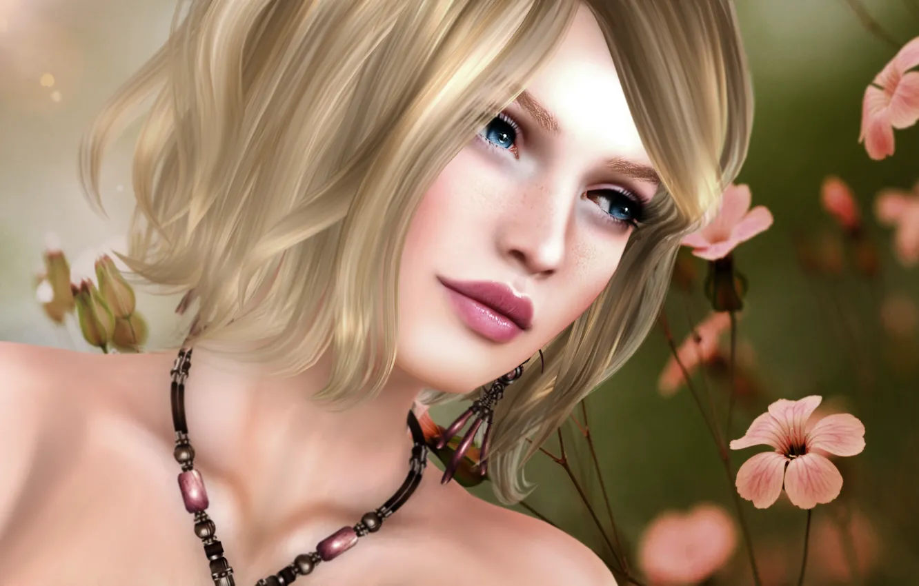 Photo wallpaper girl, flowers, spring, blonde