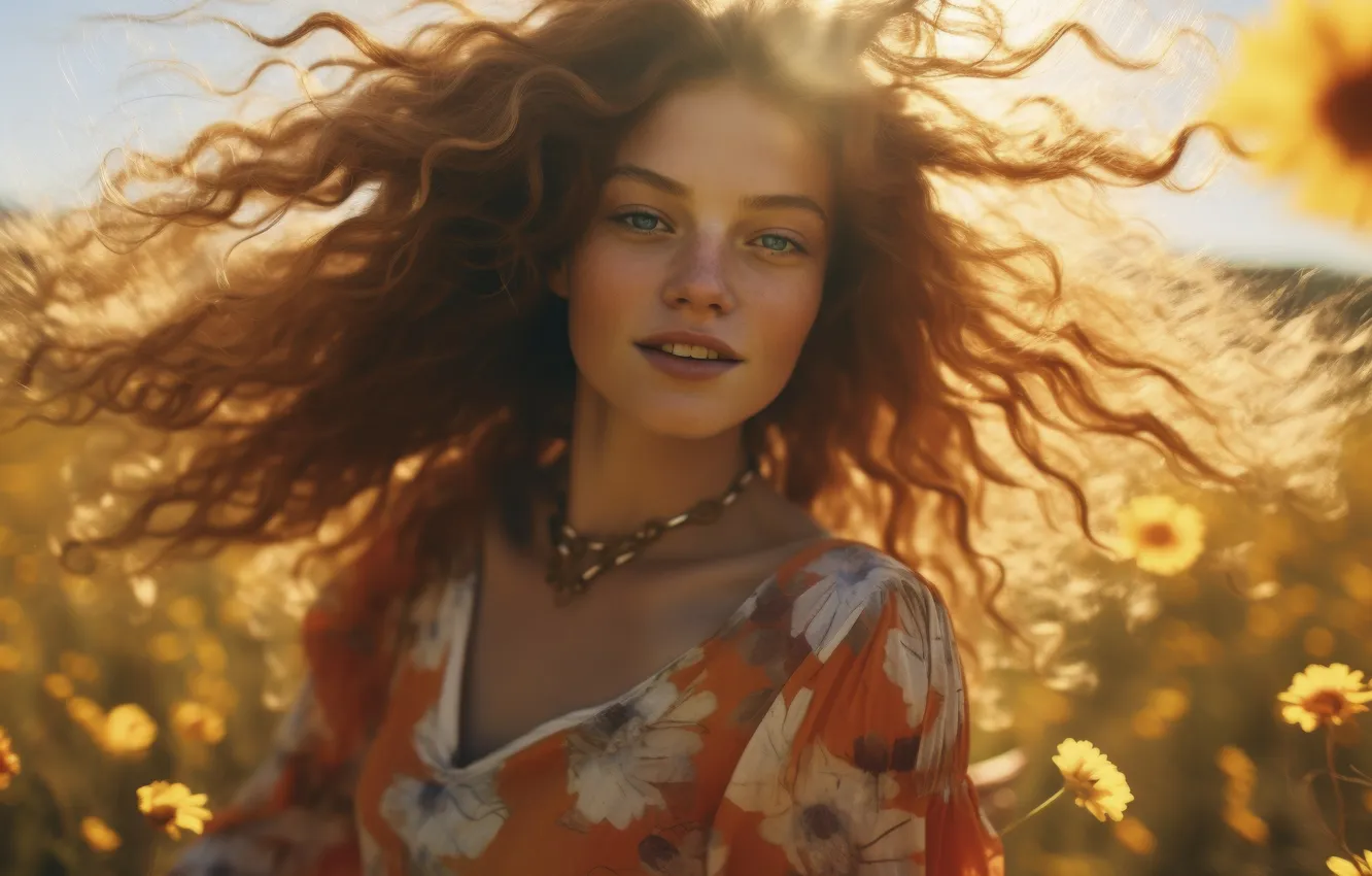 Photo wallpaper neural network, smile, girl, joy, flowers, digital art, hair, AI art