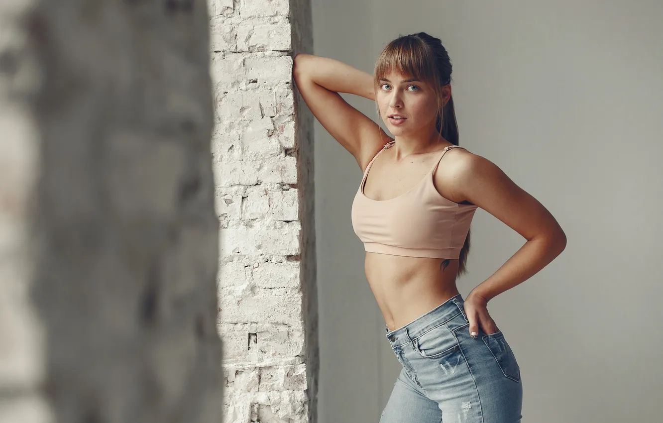 Photo wallpaper girl, jeans, cute, posing, tank top