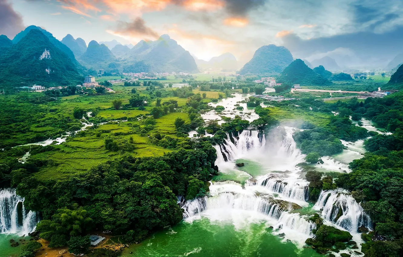 Photo wallpaper mountains, hills, waterfall, houses, waterfalls