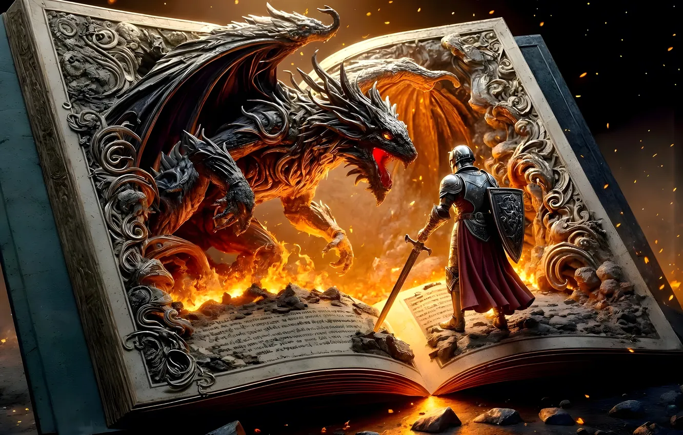 Photo wallpaper lights, flame, dragon, sword, armor, book, knight