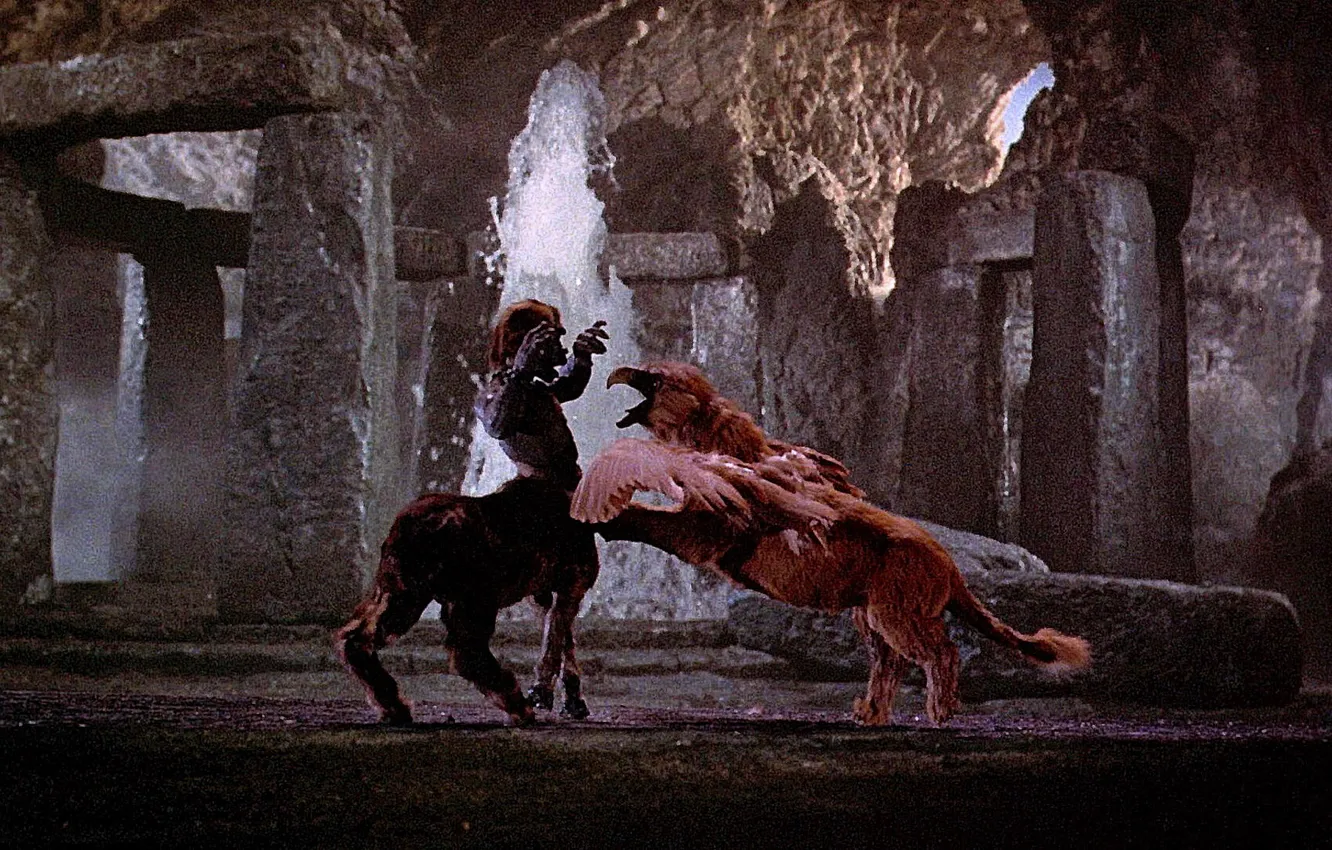 Photo wallpaper stones, wings, fountain, battle, Griffin, centaur, 1973, Columbia Pictures