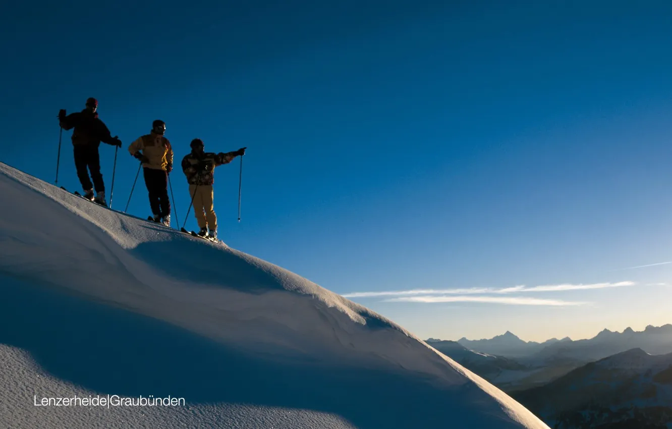 Photo wallpaper snow, mountains, Skiers