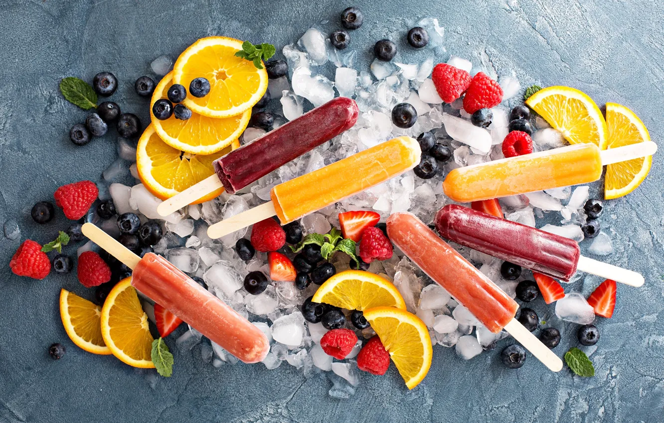 Photo wallpaper ice, berries, raspberry, orange, blueberries, strawberry, ice cream, fruit
