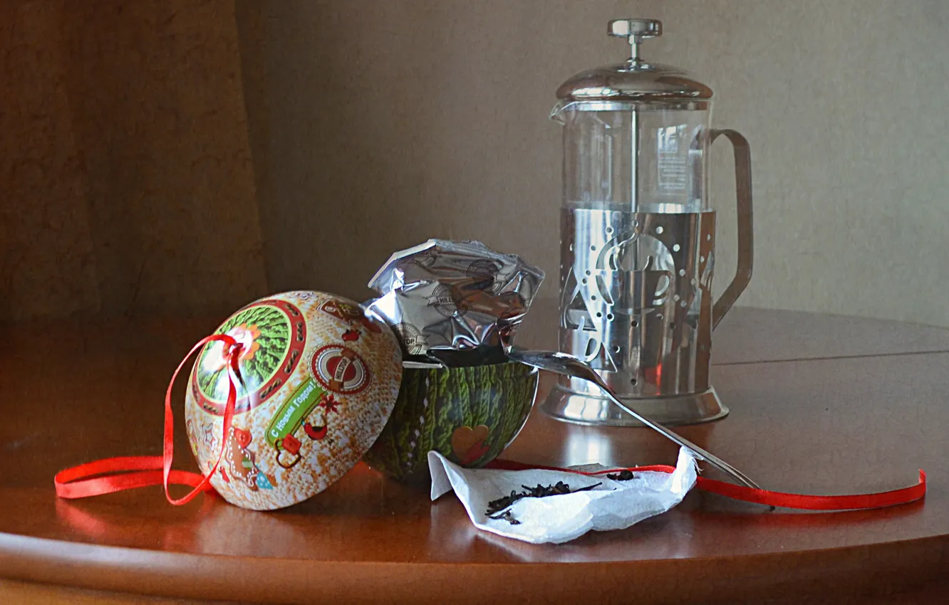 Photo wallpaper table, holiday, balls, tea, kettle, spoon, tape, still life