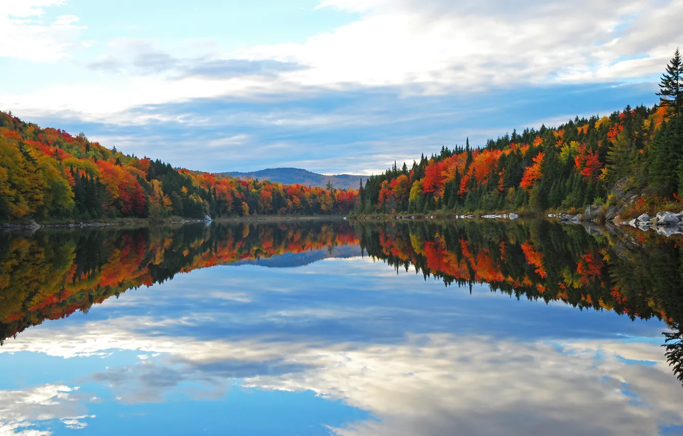 Photo wallpaper autumn, forest, the sky, clouds, trees, mountains, lake