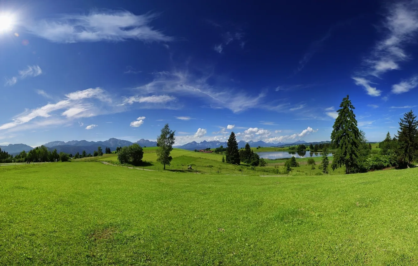 Photo wallpaper road, forest, the sky, grass, clouds, trees, landscape, mountains