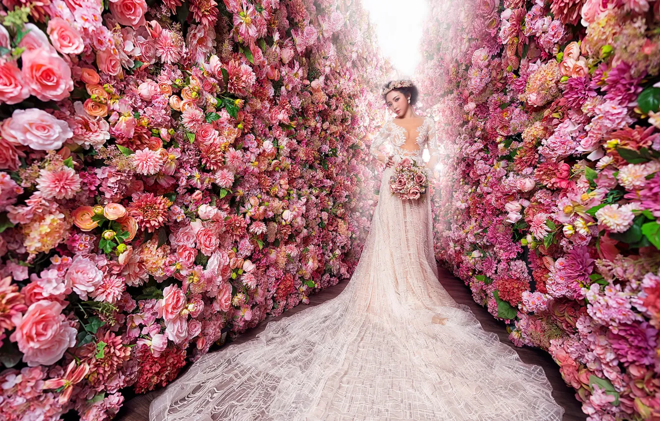 Photo wallpaper girl, flowers, white, roses, beauty, bouquet, garden, dress