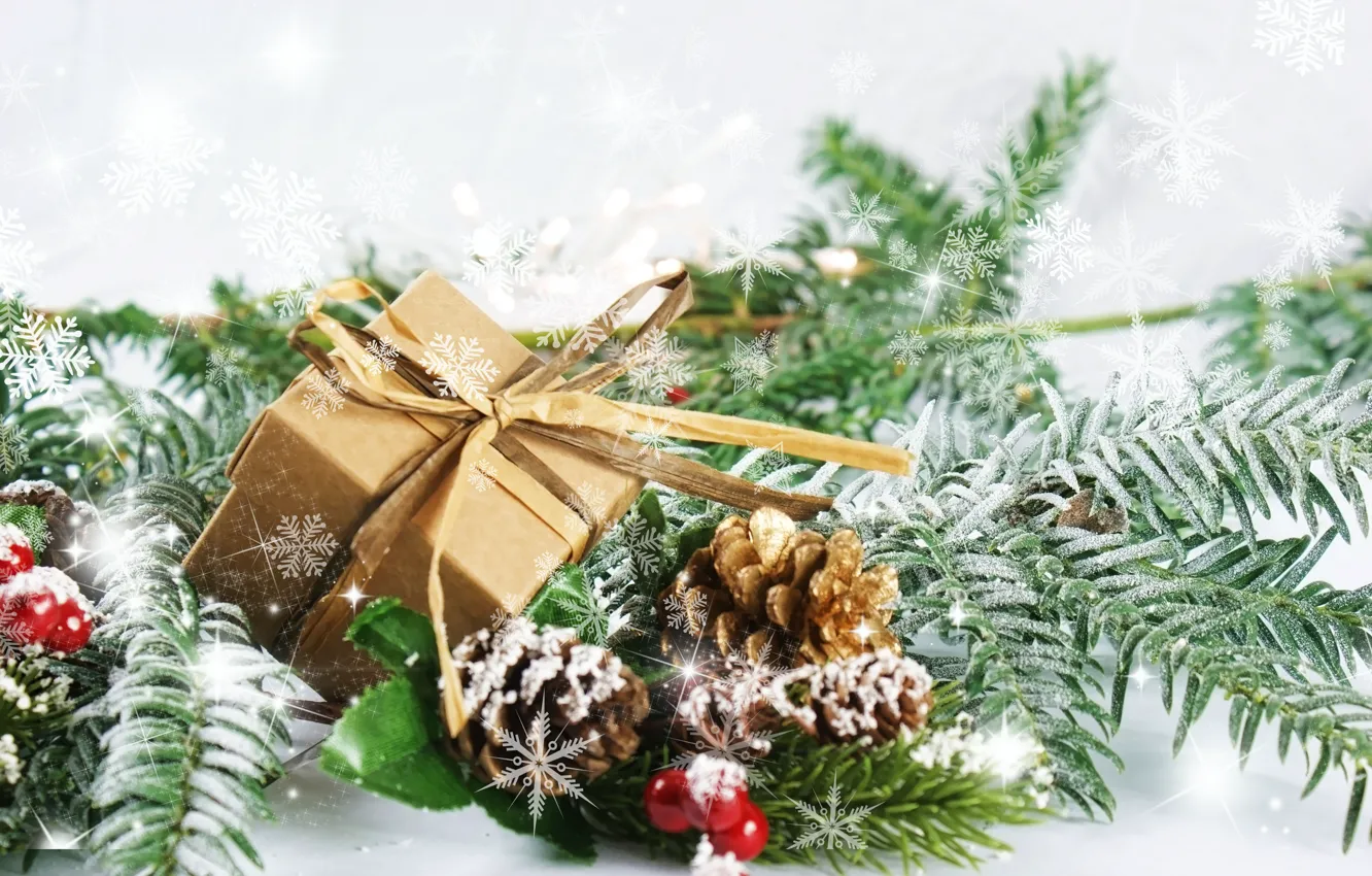 Photo wallpaper snowflakes, gift, new year, spruce, bumps