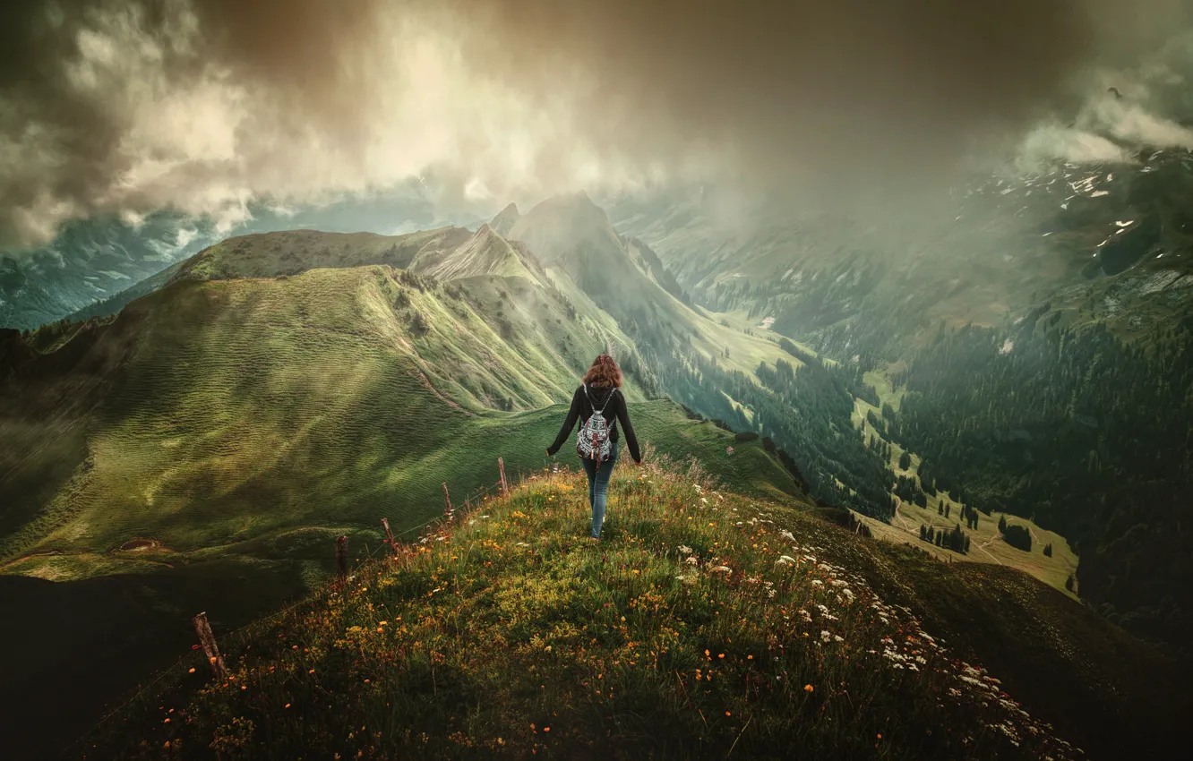 Photo wallpaper people, mountains, clouds