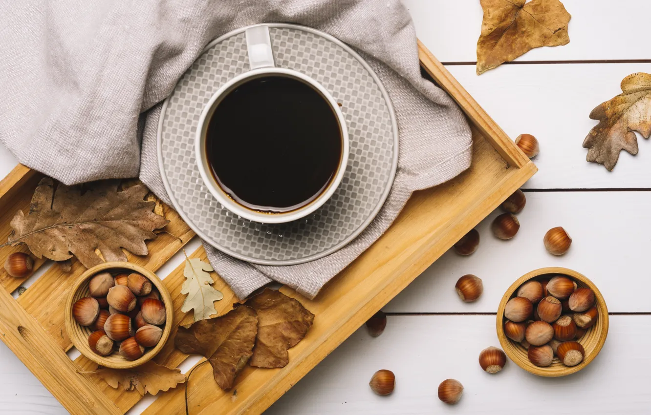 Photo wallpaper autumn, leaves, trees, background, coffee, colorful, Cup, nuts
