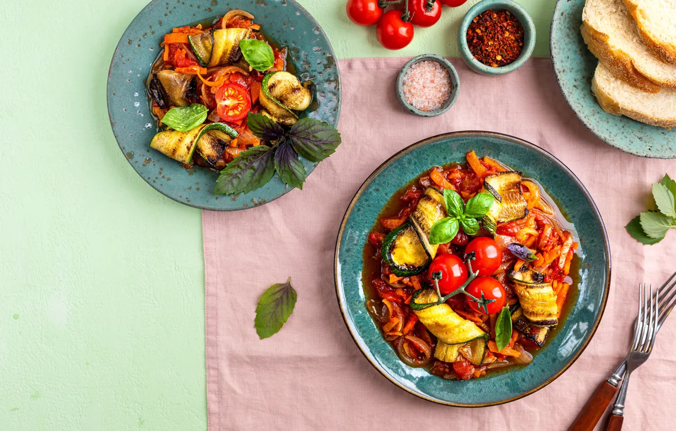 Photo wallpaper table, plate, eggplant, bowl, plug, vegetables, tomatoes, tomatoes