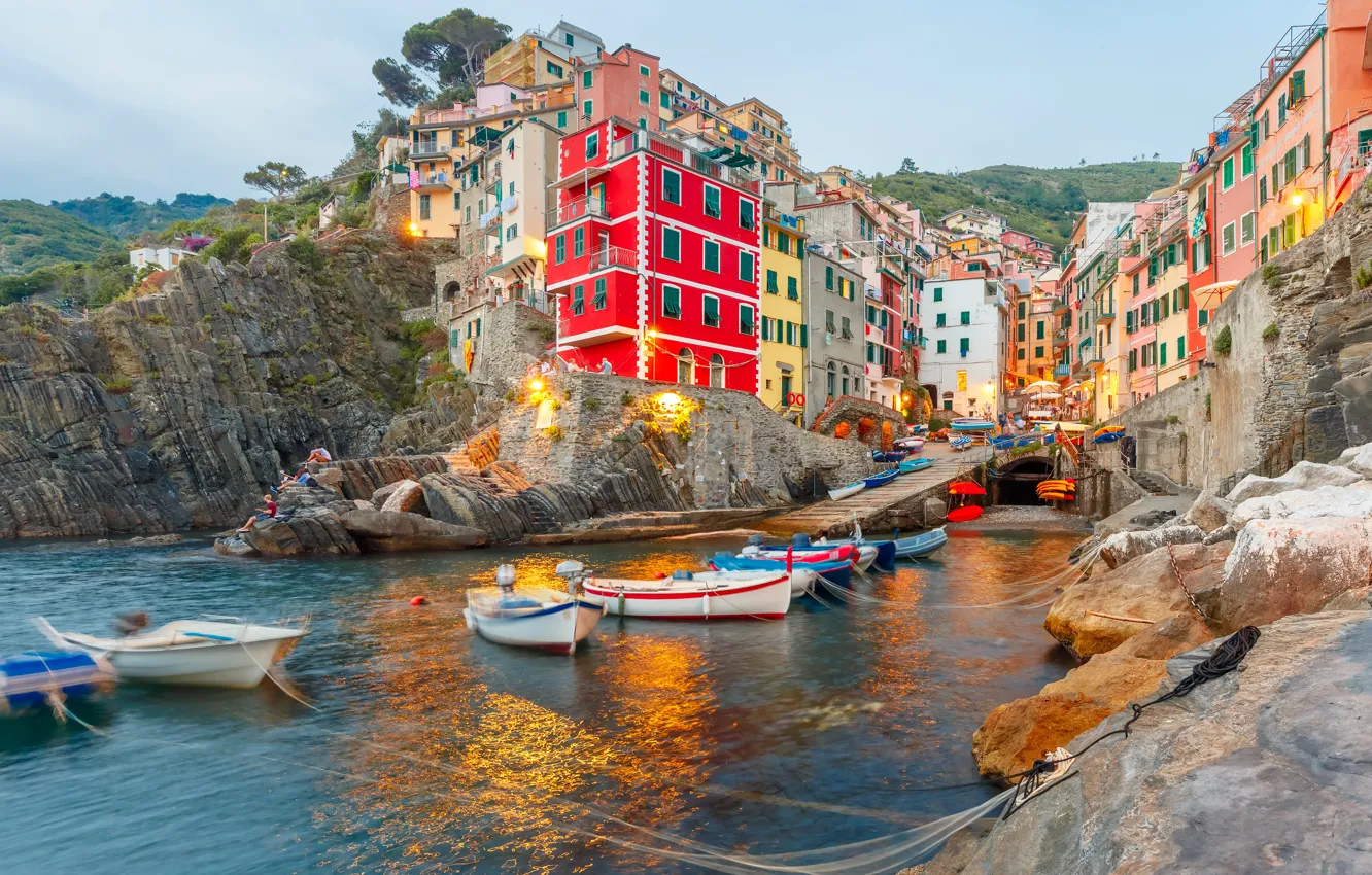 Photo wallpaper sea, rocks, coast, Villa, boats, Italy, houses, Riomaggiore