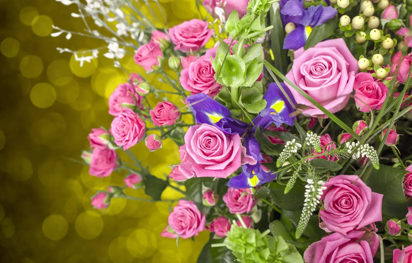Photo wallpaper glare, roses, bouquet, buds, irises