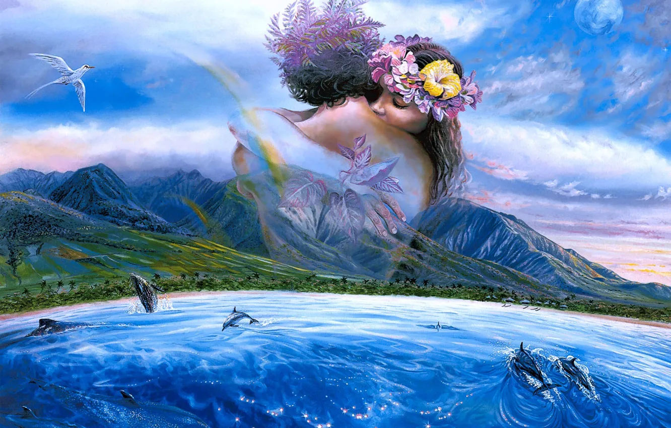 Photo wallpaper sea, mountains, palm trees, bird, shore, figure, pair, dolphins