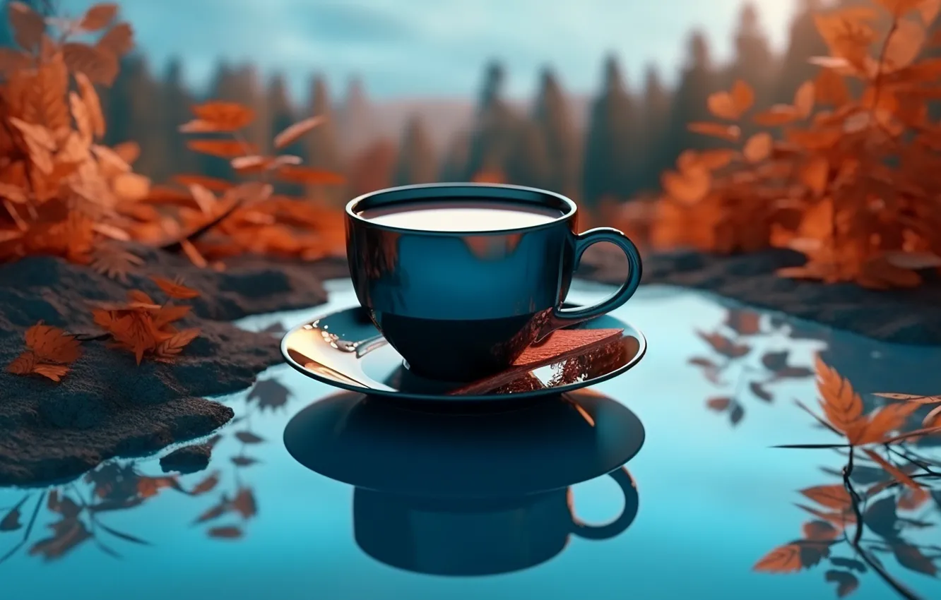 Photo wallpaper table, coffee, mug, Cup, drink, AI art, neural network