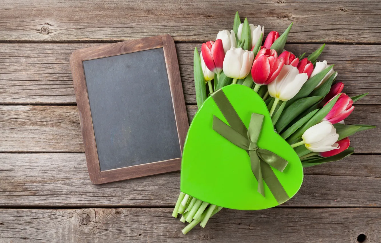 Photo wallpaper flowers, gift, bouquet, tulips, red, love, white, heart