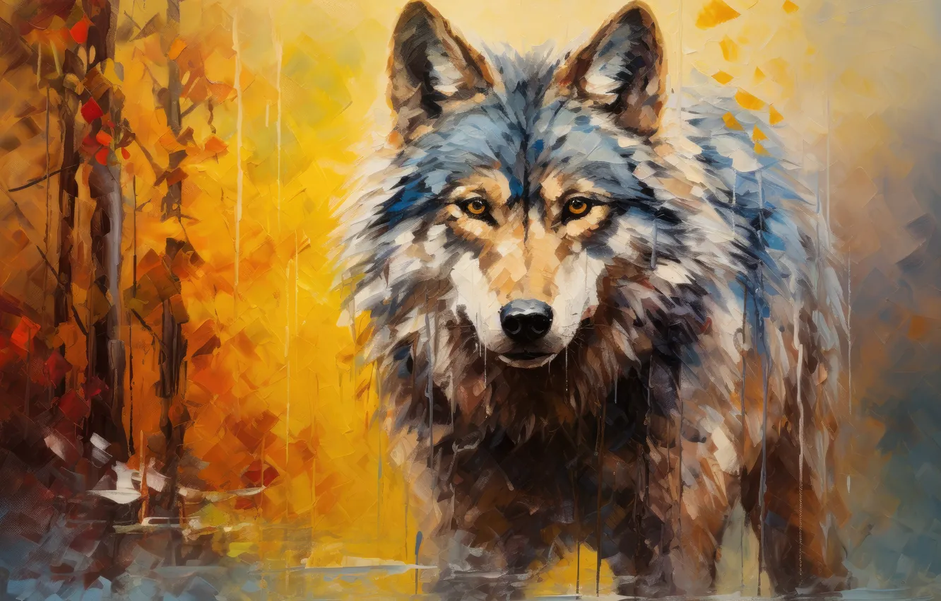 Photo wallpaper face, nature, wolf, portrait, painting, strokes, AI art, imitation of painting