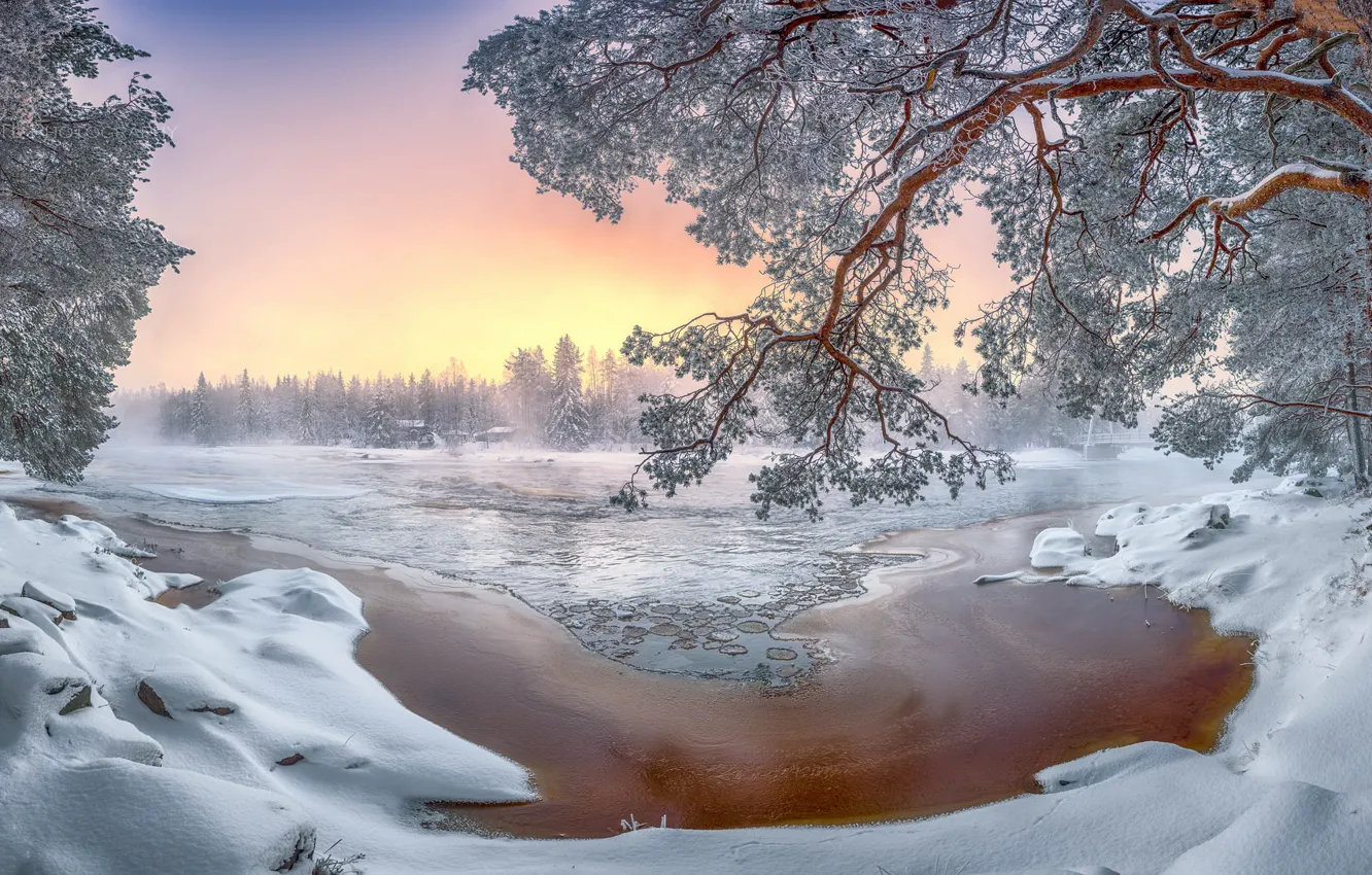 Photo wallpaper winter, snow, nature, river
