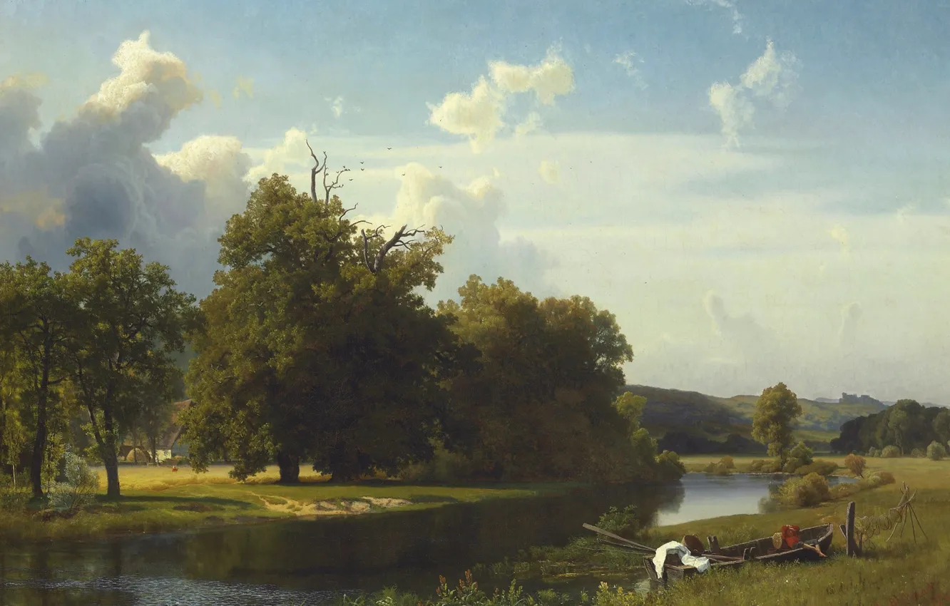 Photo wallpaper landscape, river, boat, picture, Albert Bierstadt, Westphalia