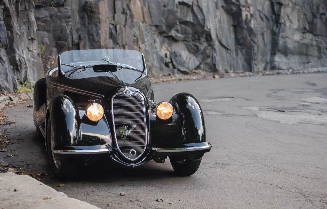 Photo wallpaper Black, Cabriolet, The Front Headlights, Classic Car, Alfa Romeo 8C