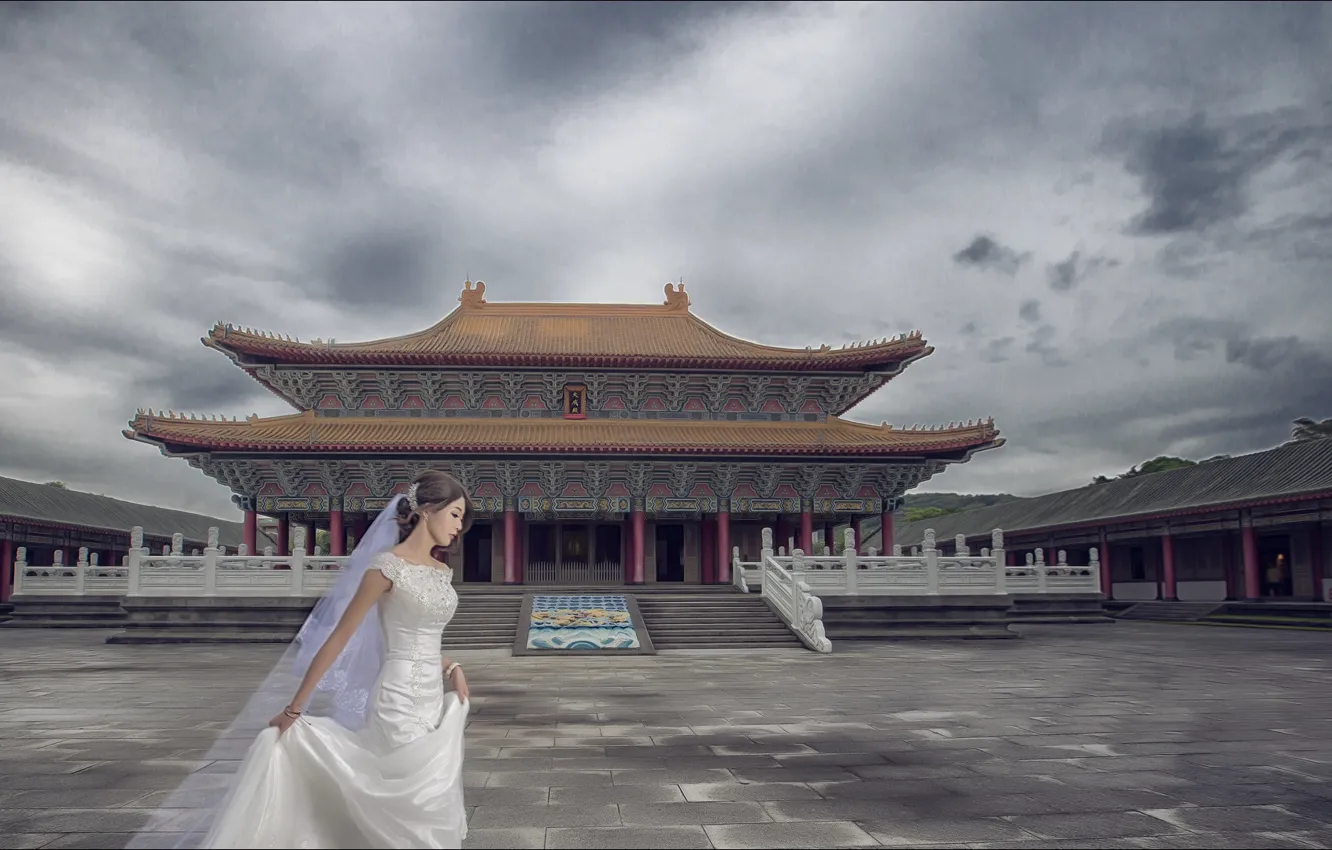 Photo wallpaper girl, mood, Asia, pagoda, the bride, mood, bride, Asia
