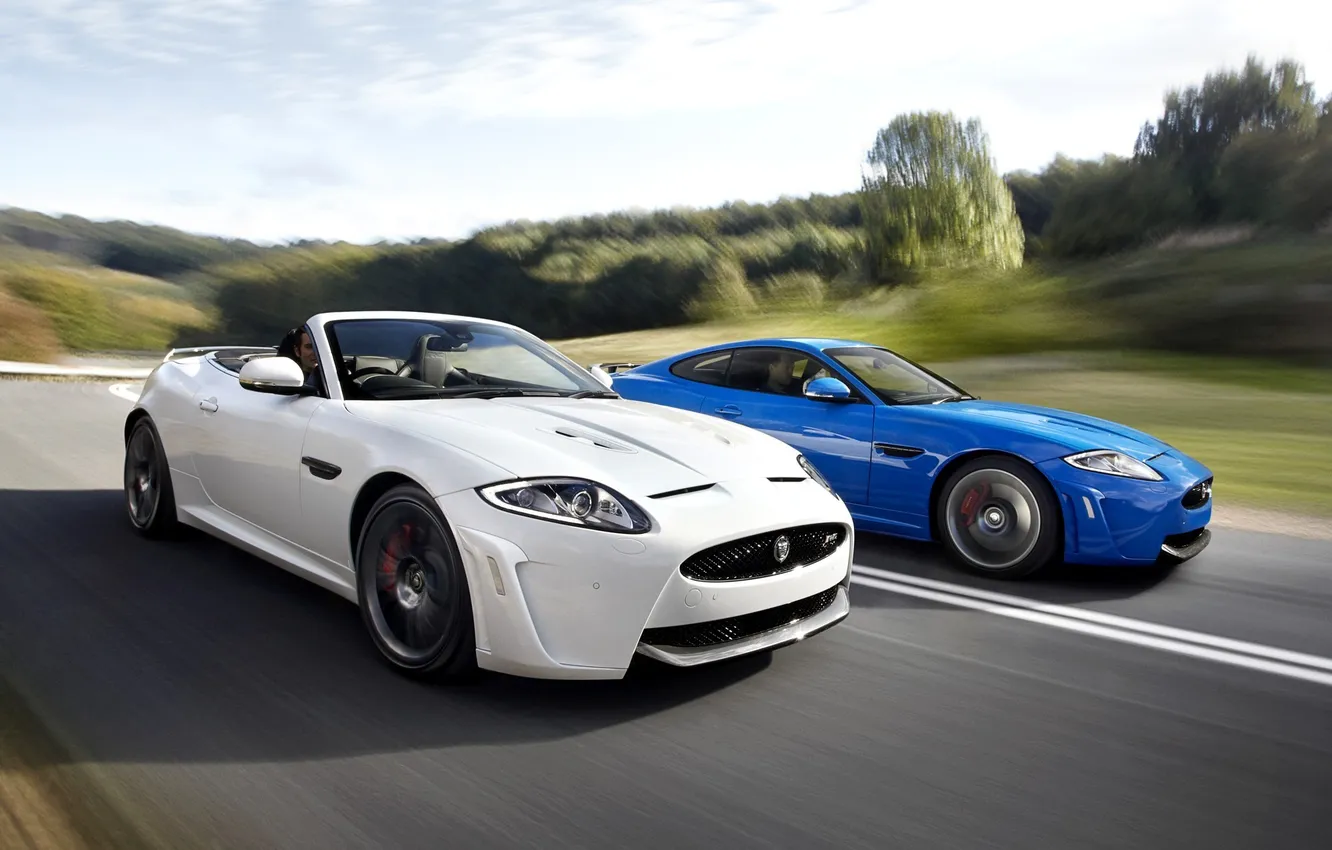 Photo wallpaper white, the sky, trees, blue, coupe, Jaguar, Jaguar, supercar