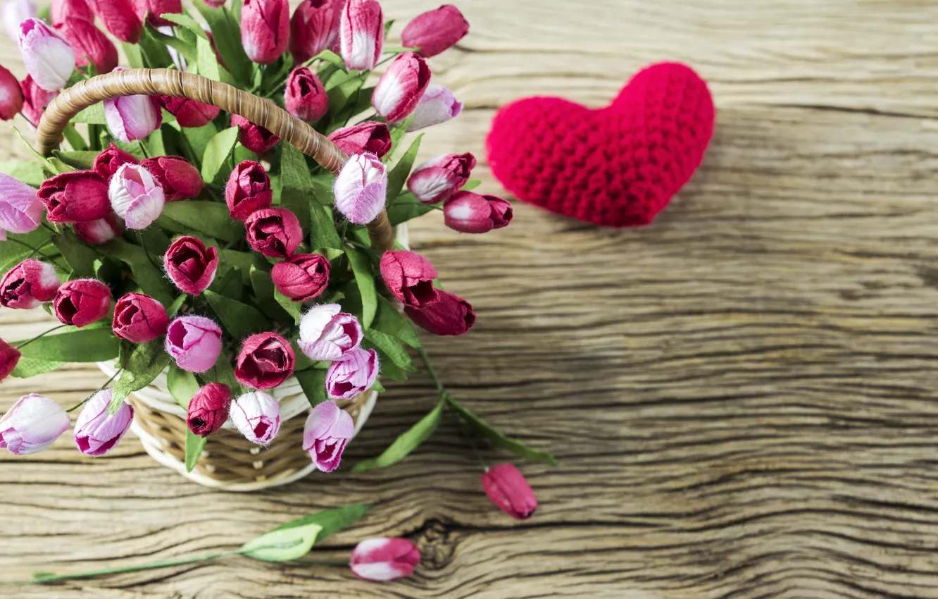 Photo wallpaper love, flowers, heart, tulips, love, pink, basket, vintage