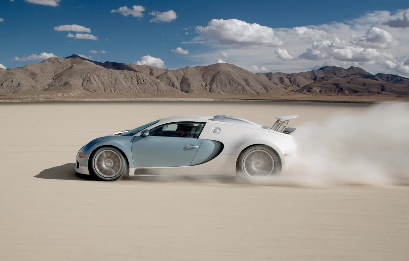 Photo wallpaper sand, the sky, mountains, speed, dust, Bugatti