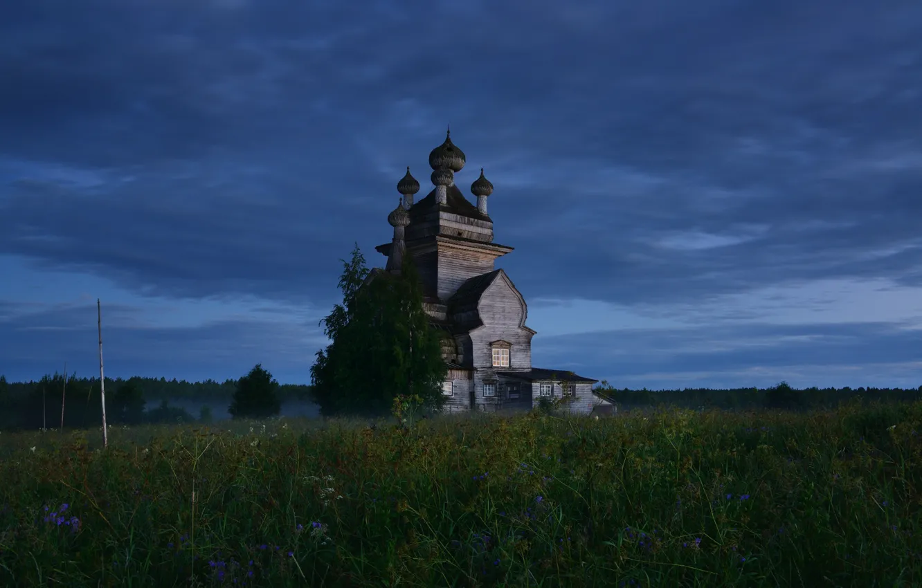 Photo wallpaper field, summer, the sky, fog, meadow, Church, temple, twilight