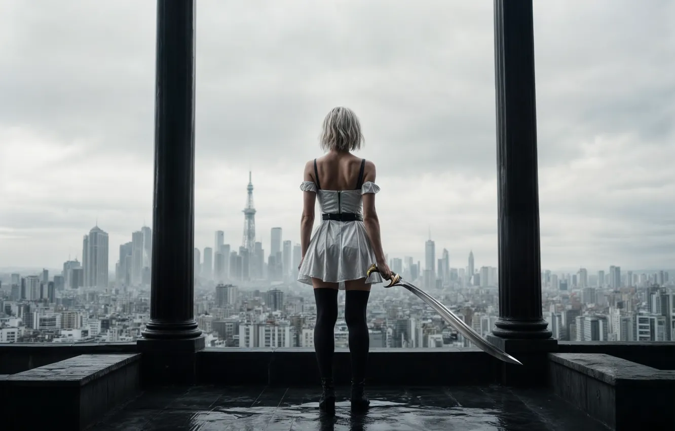 Photo wallpaper girl, the city, sword, YoRHa No.2 Type B, the image is generated by AI