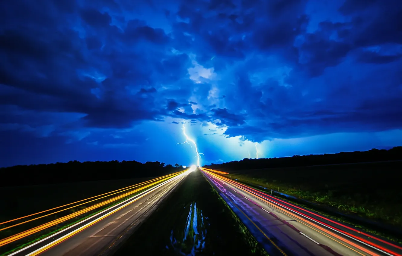 Photo wallpaper road, night, lights, lightning