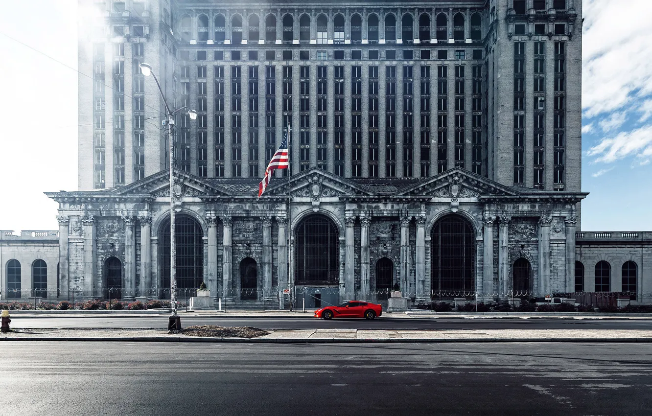 Photo wallpaper car, the city, the building, flag, America, usa, chevrolet corvette, webb bland photography