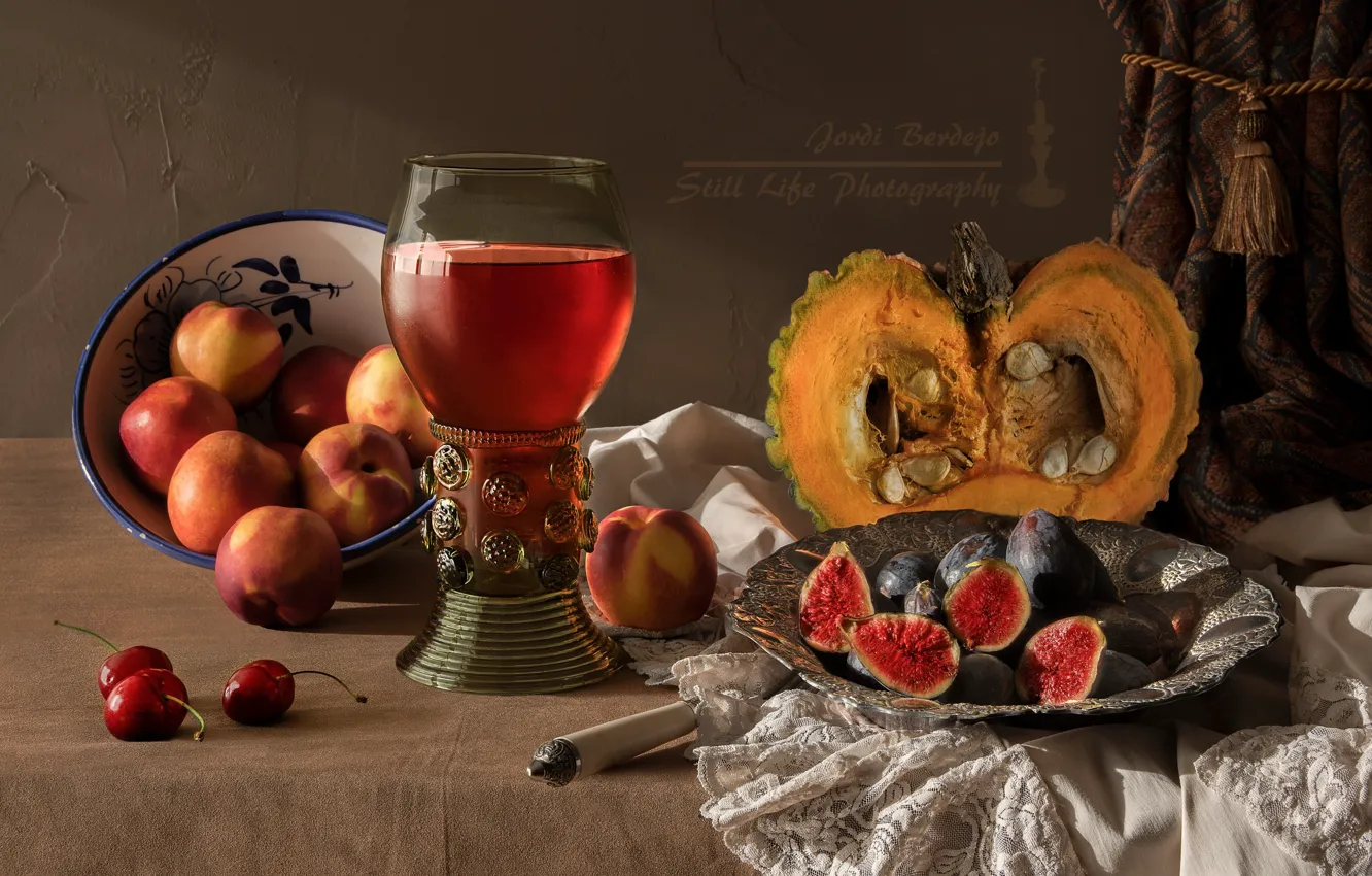 Photo wallpaper cherry, wine, glass, pumpkin, still life, blind, peach, figs