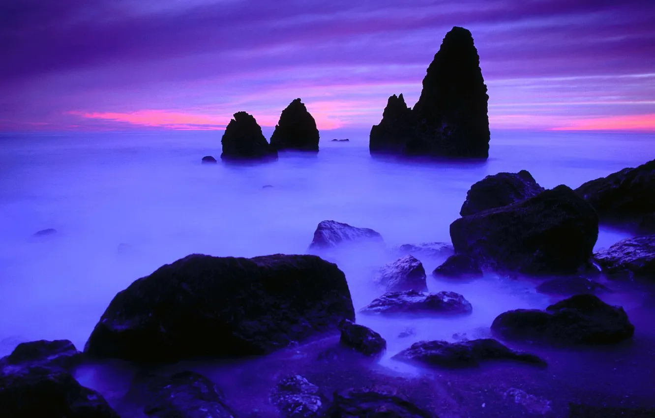 Photo wallpaper blue, stones, rocks, shore, horizon