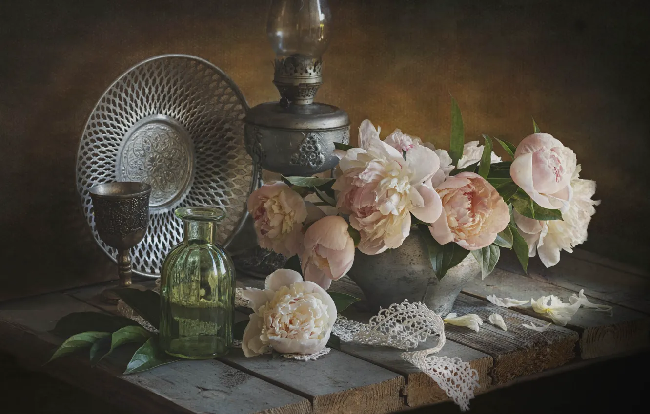 Photo wallpaper flowers, Board, lamp, petals, pot, still life, lace, peonies